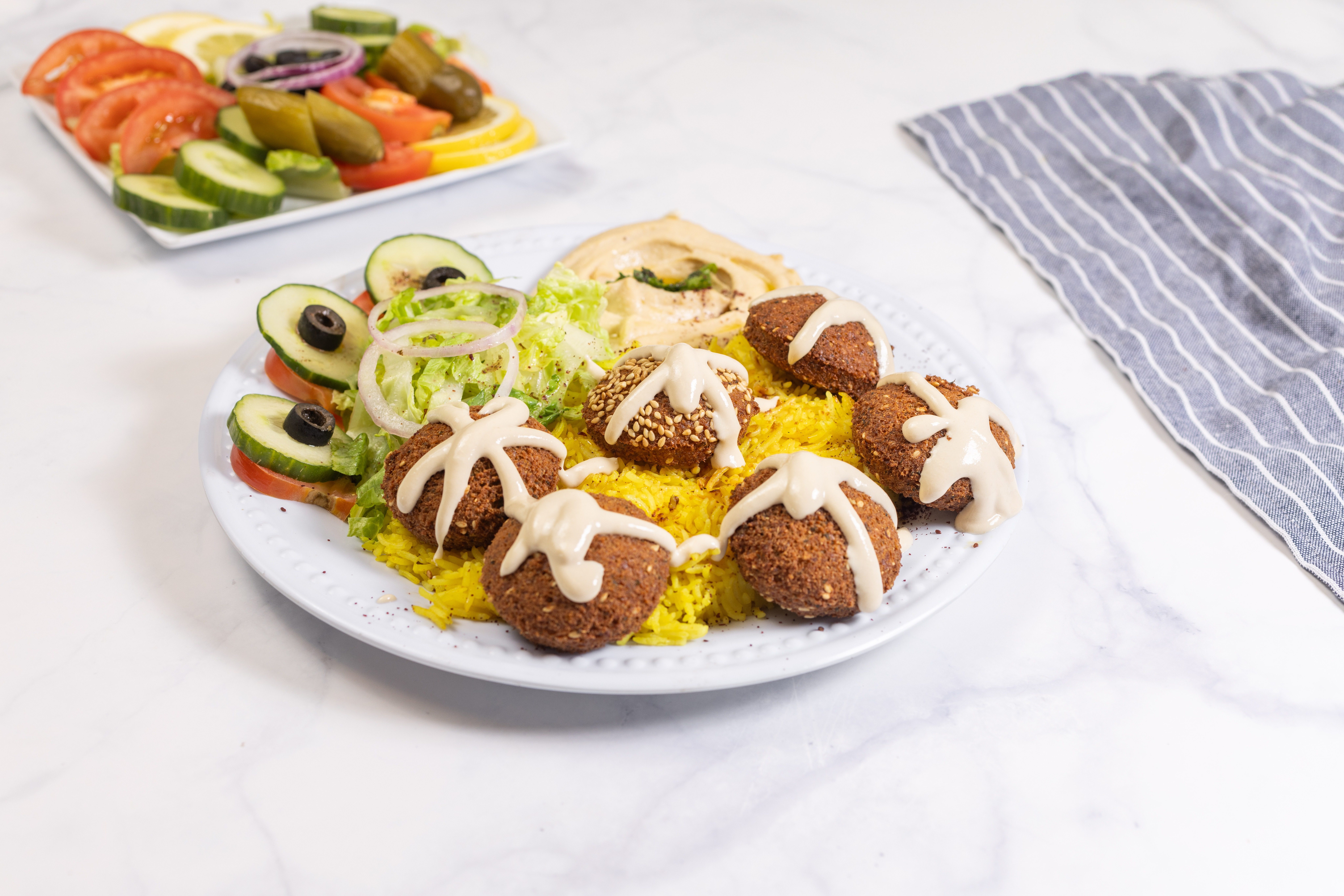 Falafel With Rice Salad And Hummus.